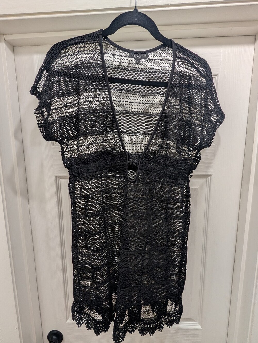 CLUB Z COLLECTION BLACK SEQUIN OPEN KNIT CROCHET SWIM COVER UP Size L